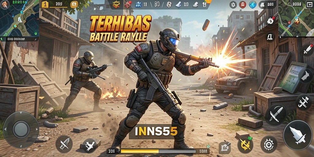 Screenshot gameplay INS55 menampilkan aksi pertempuran intens di battle royale.