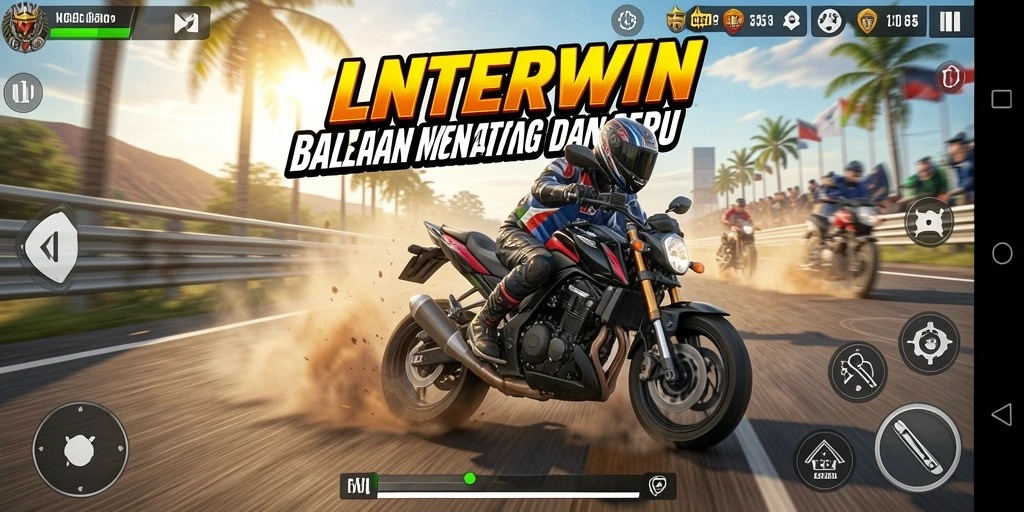 Screenshot utama LNTERWIN menampilkan momen mendebarkan balapan motor.