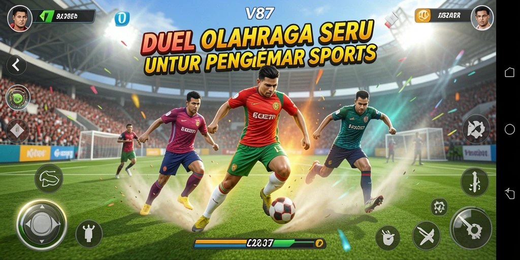 Screenshot gameplay V87 menampilkan aksi olahraga yang intens.